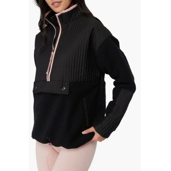 NWT Spiritual Gangster Black Pink Sherpa Half Zip Mixed Media Pullover J… - Picture 1 of 13